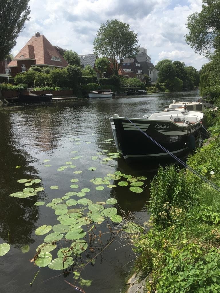 Case affacciate su un canale con barche ormeggiate e ninfee sull’acqua